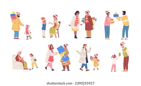 La gente da regalos de navidad. Feliz regalo de la familia, regalos sorpresa de Navidad, niños y niñas reciben regalo, pareja celebra vacaciones de invierno, elegante imagen vectorial presente de las mujeres alegres