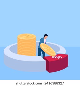 people give coins for a share of profits, a metaphor for stock dividends. Simple flat conceptual illustration.