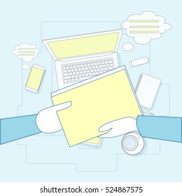 People Give Document Contract Workplace Desk Laptop Computer Top Angle View Vector Illustration