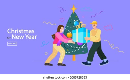 People give each other gift box. Decorate with christmas tree and gift box. Celebrating Winter Holidays. Merry Christmas and Happy New Year Concept. flat vector illustration.