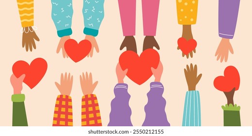 People give each other hearts. Concept of charity and donation, volunteering. Valentine's Day. Vector illustration.