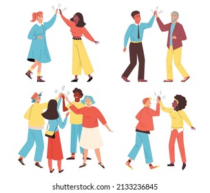 People give each other high five, flat vector illustration isolated on white background. Set of diverse characters greeting informal. Happy and cheerful colleagues and friends.