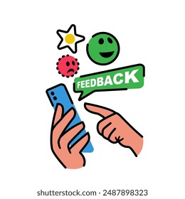 People give feedback. Person gave rating. Phone in hand. Vector illustration flat design. Isolated on a white background. Customer feedback and rating.
