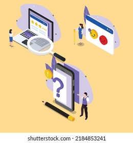 People give feedback, review, asking questions and receiving answers 3d isometric vector