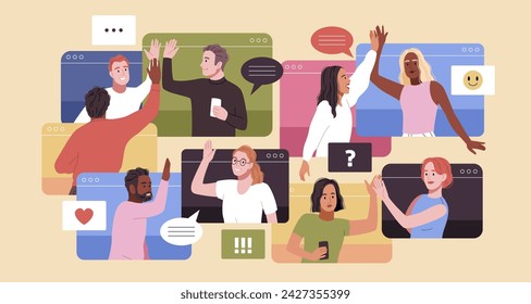 People give five. Employees team rejoices at success in general business chat, launching project, video conference, online communication, cartoon flat style isolated tidy vector concept