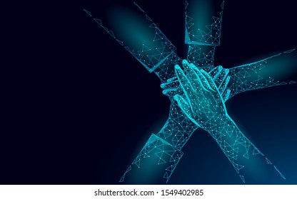 People give five hands together. Team work success supporting professional connections. Hand stack friendship woman united power teamwork achievement partnership. Low poly vector illustration