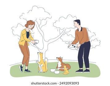 People give food for animals. Man and woman feed homeless puppies. Activists and volunteers take care of domestic animals. Charity and generosity, kindness. Linear vector illustration