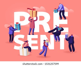 People Give and Get Presents Concept. Male and Female Characters Prepare Gifts for Christmas and New Year Party Celebration, Xmas Holidays Poster Banner Flyer Brochure. Flat Vector Illustration