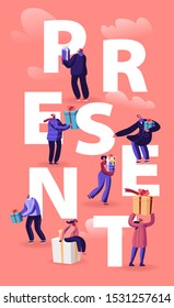People Give and Get Presents Concept. Male and Female Characters Prepare Gifts for Christmas and New Year Party Celebration, Xmas Holidays Poster Banner Flyer Brochure. Flat Vector Illustration