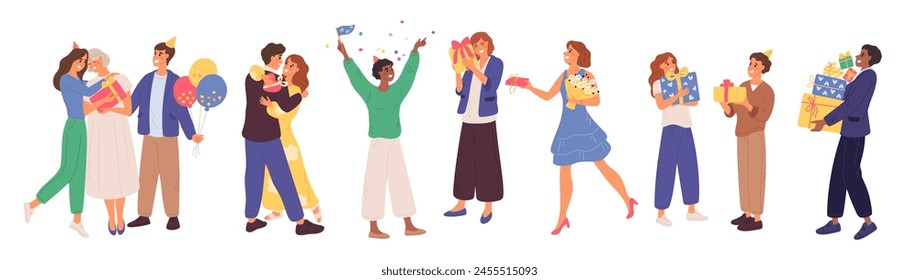 People give gifts. Congratulations on holiday and happy birthday. Festive events with presents in boxes. Friends party balloons and confetti. Celebration tradition