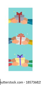 People give gifts to each other. Hands hold a gift box and give it to other hands. Vertical set, color illustration, flat cartoon, festive design, eps 10. Concept: winter holidays, christmas, new year