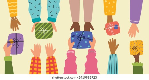 People give gifts to each other.Human hands with gifts top view.Holiday concept, congratulation.Vector stock illustration.