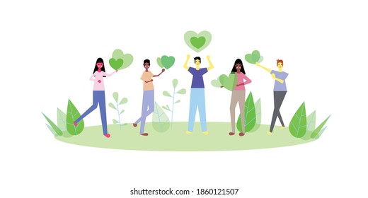 
people give hearts on green background