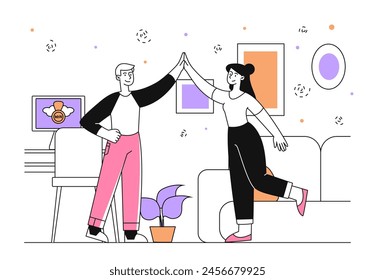 People give high five linear. Man and woman indoors. Husband and wife, couple and pair celebrate success. Friends greet each other. Doodle flat vector illustration isolated on white background