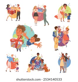 People Give and Receiving Gift Box and Present Vector Set