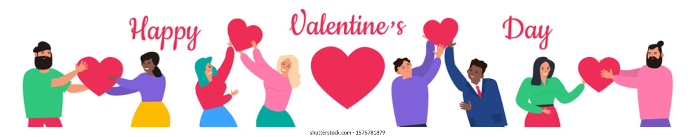  people give a red heart to each other happy valentines day vector illustration