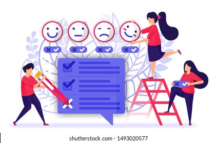 People give review and fill out questionnaires survey or exam for service or product. provide feedback with emoticon from customer experience. Vector Illustration For Web, Landing Page, Banner, Mobile