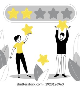 People give review rating and feedback. Customer review rating. Five stars mobile app feedback.