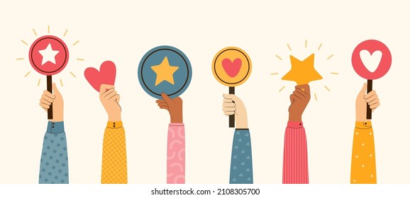 People give review rating and feedback. Hands different skin colors vote. Likes, hearts, positive and approve signs, rating Icons. Customer choice. Hand drawn colored vector flat illustration