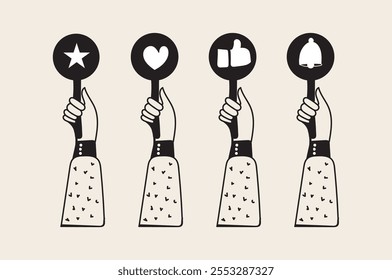 People give review rating and feedback. black and white Hands vote. Likes, hearts, positive and approve signs, rating Icons. Customer choice.