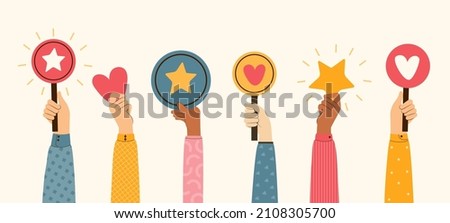 People give review rating and feedback. Hands different skin colors vote. Likes, hearts, positive and approve signs, rating Icons. Customer choice. Hand drawn colored vector flat illustration