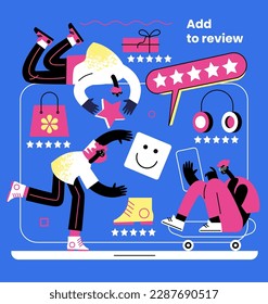 People give star feedback. Characters choose a satisfaction rating. People leave a positive review. User experience concept. Vector illustration.