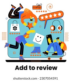 La gente da retroalimentación a las estrellas. Los caracteres eligen una calificación de satisfacción. La gente deja una revisión positiva. Concepto de experiencia de usuario. Ilustración vectorial.