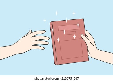 People giving book from hands to hands. Friends sharing textbook. Literature exchange. Library and knowledge concept. Vector illustration. 