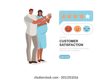 People сharacters giving feedback by emoji to show satisfaction score. Satisfied person with the customer service. User experience concept. Flat cartoon vector illustration.