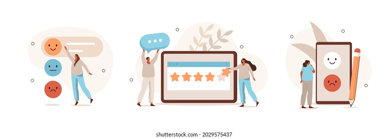 People сharacters giving feedback and choosing emoji to show satisfaction rating. Customer service and user experience concept. Flat cartoon vector illustration and icon set.