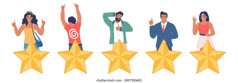 People giving five star feedback showing ok, yes hand gestures, leaving positive review, flat vector illustration. Customer satisfaction survey. Five stars rating.