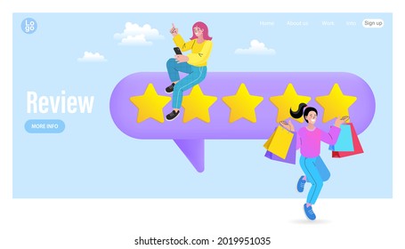 People Giving Five Star Feedback. Customer reviews concept. Online shopping with give 5 rating and review. Customer rate for success work. 