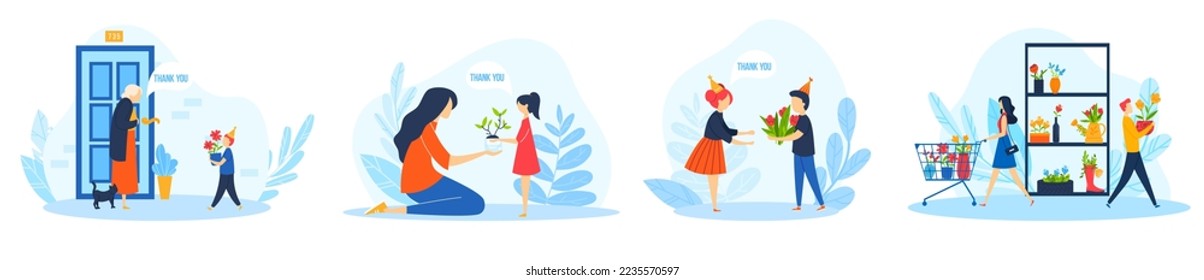 People giving flowers vector illustration set, cartoon flat man woman shopper characters buy bouquets in floral shop to give gift