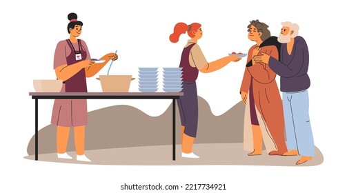 People giving food to poor, volunteers cooking and feeding homeless characters. Caring and saving lives. Women with bowls and casserole with prepared hot meals or dishes. Vector in flat style