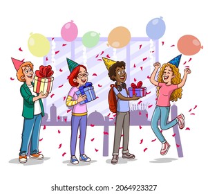 people giving gifts at birthday party.vector illustration of girl rejoicing at her gifts