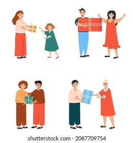 People giving gifts to friends, children, loved ones set, men, women and kids celebrating holidays. Group of joyful people celebrate Christmas and hold gifts.