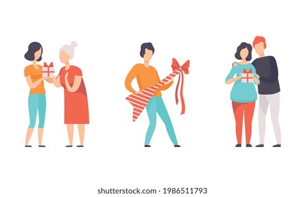 People Giving Gifts Set, Men and Women Celebrating Birthday Flat Vector Illustration