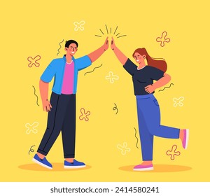 People giving high five concept. Positive and optimism. Team celebrate success. Partnership, collaboration and cooperation. Man and woman greet each other. Cartoon flat vector illustration