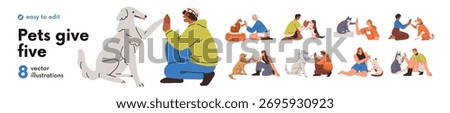 People giving high five to cute animals, cats and dogs set. Pet owners with companion puppies, kitties friends. Greeting with hands and paws. Flat vector illustrations isolated on white background