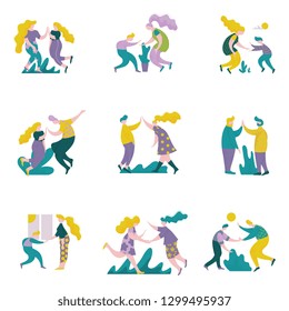 People Giving High Five to Each Other Set, Male and Female Characters Having Fun, Human Interaction, Friendship, Teamwork, Cooperation Vector Illustration
