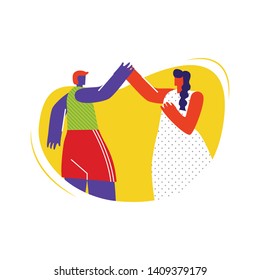 People Giving High Five Flat Vector Illustration. Sportswoman and Feminine Lady, Man and Woman Friendship. Diversity, Unity, Human Support. Male and Female Friends Simple Faceless Characters