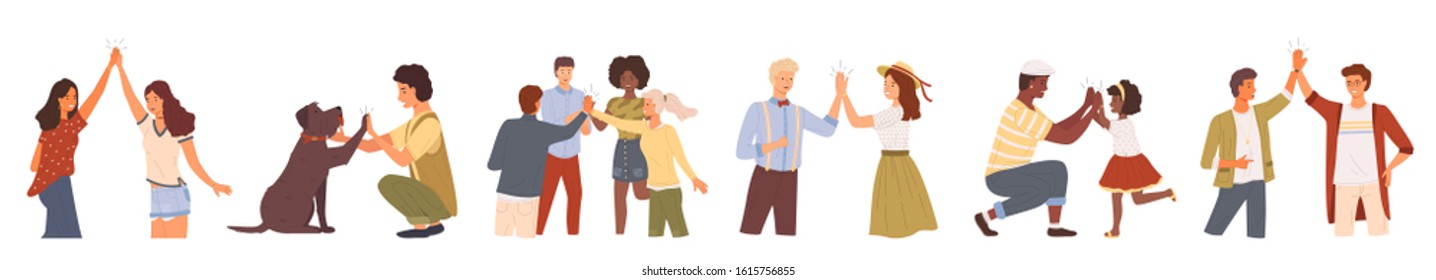 People giving high five. Set of characters gesturing together. Pet and owner, couple and family, friends partying. Cheerful personages happy of results, vector. Different nations informal greeting