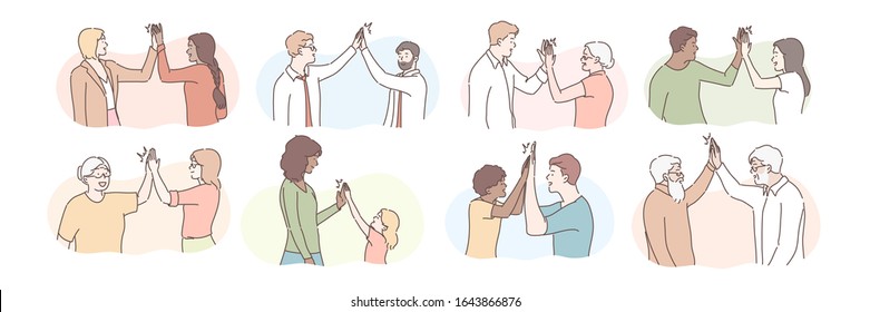 People giving high five set concept. Group of young and old people make informal greeting. Illustration or collection of cheerful colleagues and multiethnic friends giving high five to each other.