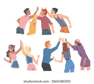 People Giving High Five Set, Cheerful Friends or Colleagues Characters Meeting, Happiness, Agreement or Joy Expression Cartoon Style Vector Illustration