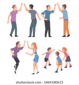 People Giving High Five Set, Cheerful Friends or Colleagues Characters Meeting Cartoon Style Vector Illustration