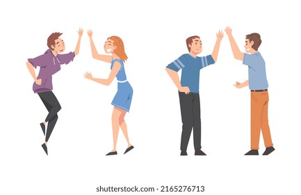 People giving high five set. Informal greeting gesture cartoon vector illustratio