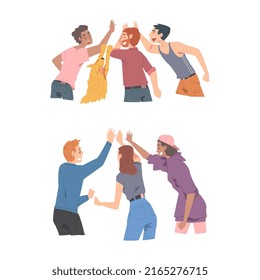 People giving high five set. Friends clapping their hands in informal greeting gesture cartoon vector illustratio