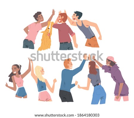 People Giving High Five Set, Cheerful Friends or Colleagues Characters Meeting, Happiness, Agreement or Joy Expression Cartoon Style Vector Illustration