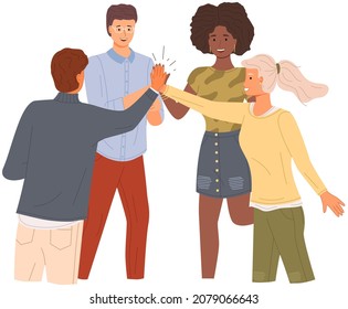 People giving high five, standing with hands together. Men and women greeting each other. Cartoon characters give five and rejoice. Happy team, colleagues during greeting isolated on white background