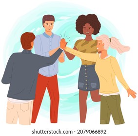 People giving high five, standing with hands together. Men and women greeting each other. Cartoon characters give five and rejoice. Happy team, colleagues during greeting isolated on white background